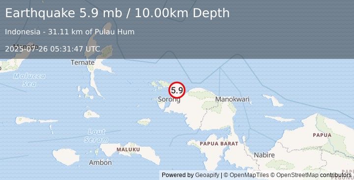 Earthquake NEAR N COAST OF PAPUA, INDONESIA (5.7 mw) (2025-07-26 05:31:46 UTC)