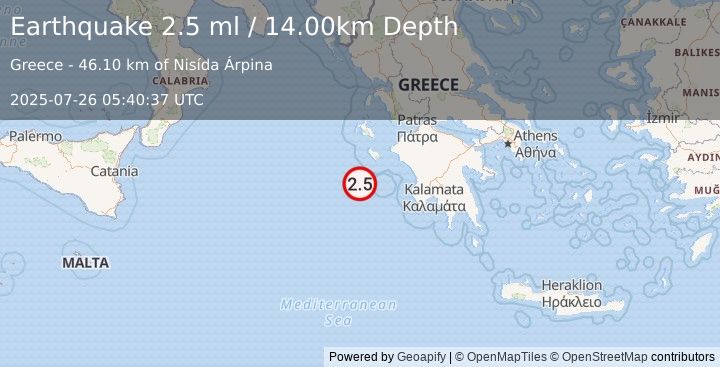 Earthquake IONIAN SEA (2.5 ml) (2025-07-26 05:40:37 UTC)