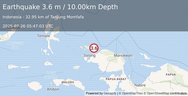 Earthquake NEAR N COAST OF PAPUA, INDONESIA (3.6 m) (2025-07-26 05:47:03 UTC)