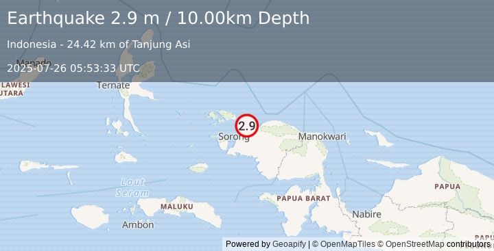 Earthquake NEAR N COAST OF PAPUA, INDONESIA (2.9 m) (2025-07-26 05:53:33 UTC)