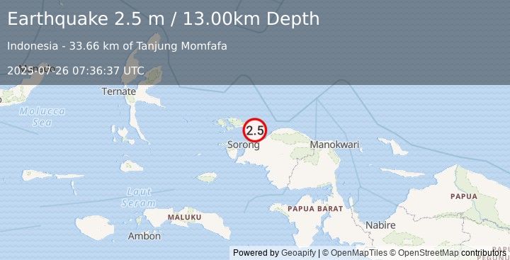 Earthquake NEAR N COAST OF PAPUA, INDONESIA (2.5 m) (2025-07-26 07:36:37 UTC)