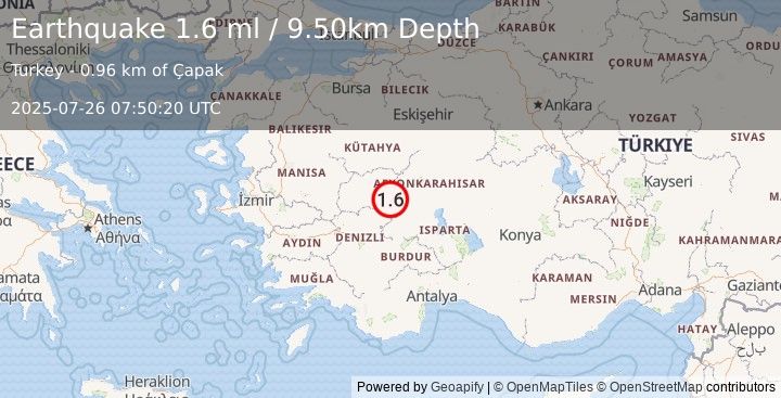 Earthquake WESTERN TURKEY (1.6 ml) (2025-07-26 07:50:20 UTC)