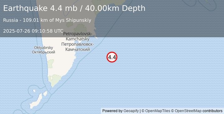 Earthquake OFF EAST COAST OF KAMCHATKA (4.4 mb) (2025-07-26 09:10:58 UTC)