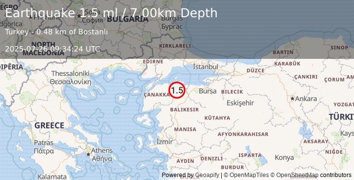 Earthquake WESTERN TURKEY (1.5 ml) (2025-07-26 09:34:24 UTC)