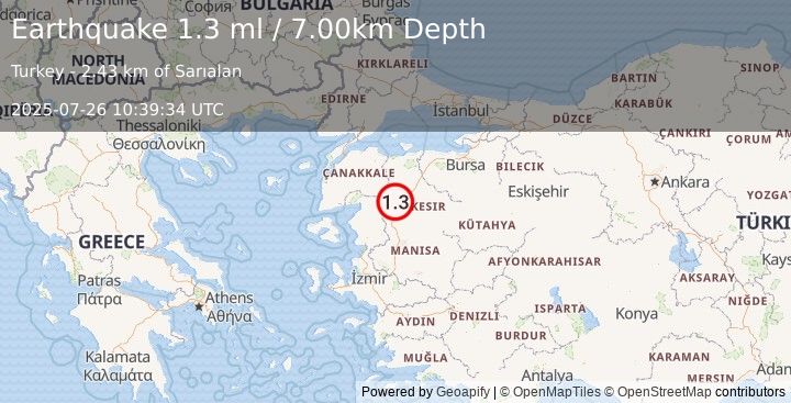 Earthquake WESTERN TURKEY (1.3 ml) (2025-07-26 10:39:34 UTC)