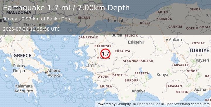 Earthquake WESTERN TURKEY (1.7 ml) (2025-07-26 11:35:58 UTC)