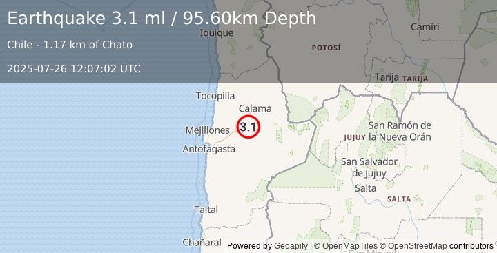 Earthquake ANTOFAGASTA, CHILE (3.1 ml) (2025-07-26 12:07:02 UTC)