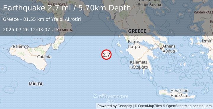 Earthquake IONIAN SEA (2.7 ml) (2025-07-26 12:03:07 UTC)