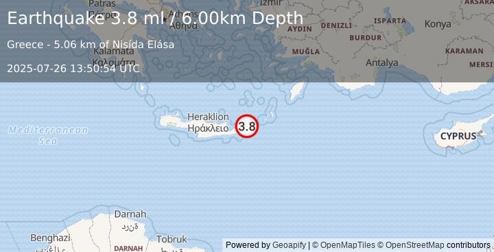 Earthquake CRETE, GREECE (3.6 ml) (2025-07-26 13:50:52 UTC)