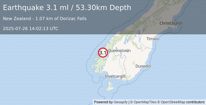 Earthquake SOUTH ISLAND OF NEW ZEALAND (3.1 ml) (2025-07-26 14:02:13 UTC)