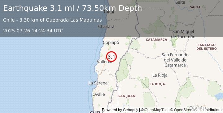 Earthquake ATACAMA, CHILE (3.1 ml) (2025-07-26 14:24:34 UTC)