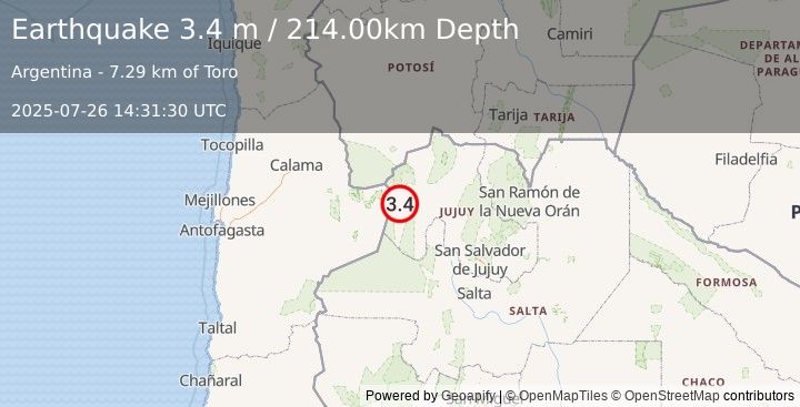 Earthquake JUJUY, ARGENTINA (3.4 m) (2025-07-26 14:31:30 UTC)