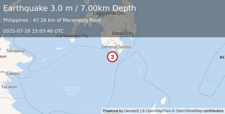 Earthquake MINDANAO, PHILIPPINES (3.0 m) (2025-07-26 15:03:48 UTC)