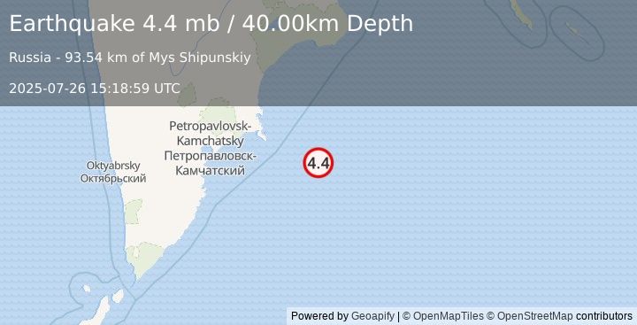 Earthquake OFF EAST COAST OF KAMCHATKA (4.4 mb) (2025-07-26 15:18:59 UTC)