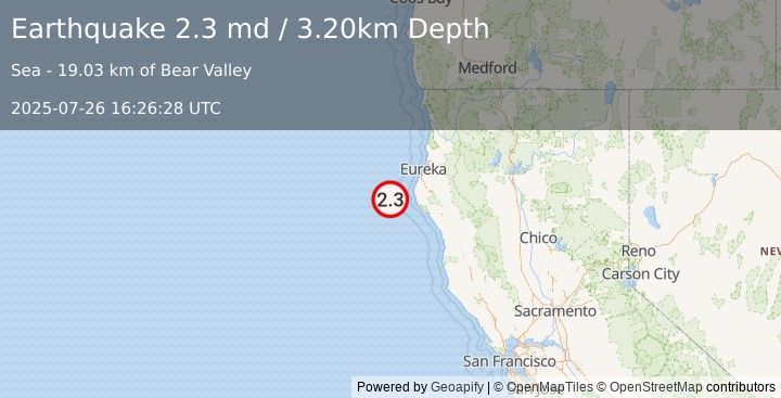 Earthquake OFFSHORE NORTHERN CALIFORNIA (2.3 md) (2025-07-26 16:26:28 UTC)