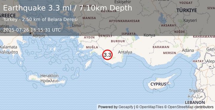 Earthquake WESTERN TURKEY (3.3 ml) (2025-07-26 16:15:31 UTC)