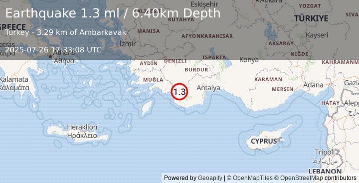 Earthquake WESTERN TURKEY (1.3 ml) (2025-07-26 17:33:08 UTC)