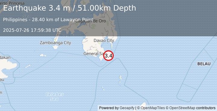 Earthquake MINDANAO, PHILIPPINES (3.4 m) (2025-07-26 17:59:38 UTC)