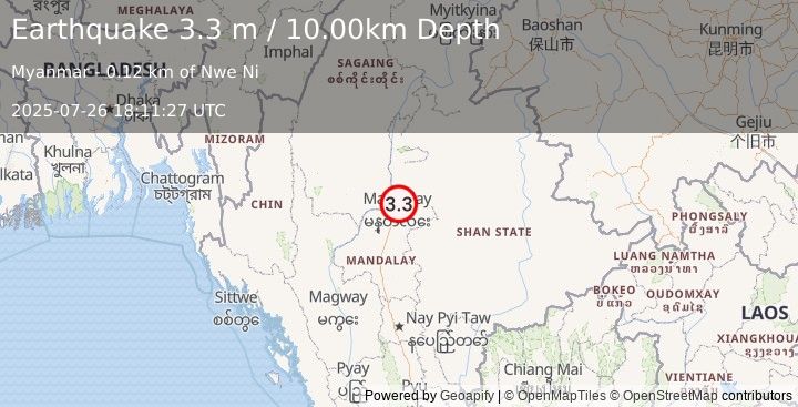 Earthquake MYANMAR (3.3 m) (2025-07-26 18:11:27 UTC)