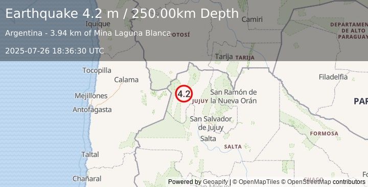 Earthquake JUJUY, ARGENTINA (4.2 m) (2025-07-26 18:36:30 UTC)