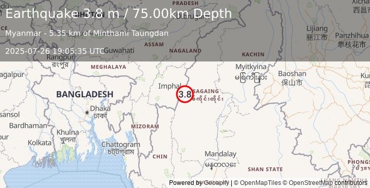 Earthquake MYANMAR-INDIA BORDER REGION (3.8 m) (2025-07-26 19:05:35 UTC)