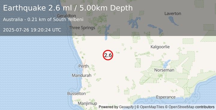 Earthquake WESTERN AUSTRALIA (2.6 ml) (2025-07-26 19:20:24 UTC)