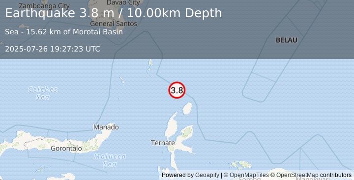Earthquake NORTH OF HALMAHERA, INDONESIA (3.8 m) (2025-07-26 19:27:23 UTC)