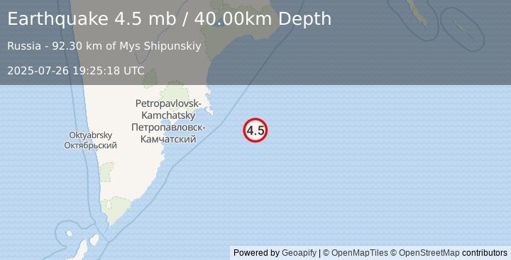 Earthquake OFF EAST COAST OF KAMCHATKA (4.5 mb) (2025-07-26 19:25:18 UTC)