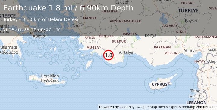 Earthquake WESTERN TURKEY (1.8 ml) (2025-07-26 20:00:47 UTC)