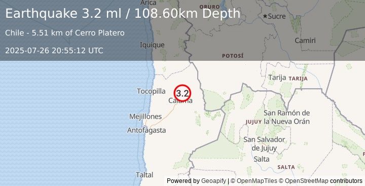 Earthquake ANTOFAGASTA, CHILE (3.2 ml) (2025-07-26 20:55:12 UTC)