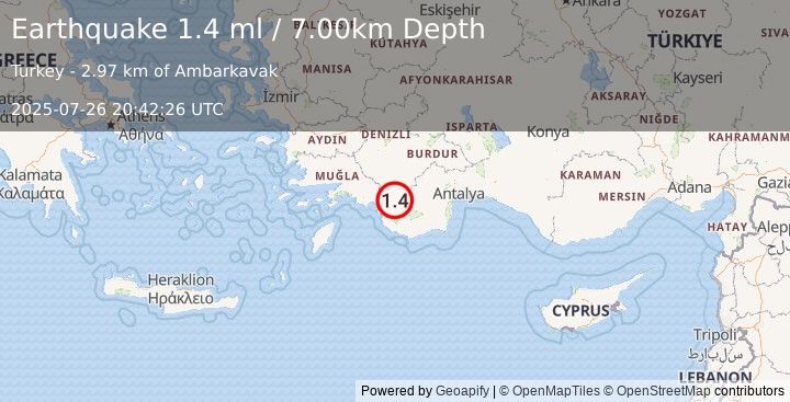 Earthquake WESTERN TURKEY (1.4 ml) (2025-07-26 20:42:26 UTC)