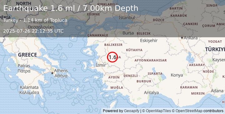 Earthquake WESTERN TURKEY (1.6 ml) (2025-07-26 22:12:35 UTC)