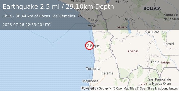 Earthquake OFFSHORE TARAPACA, CHILE (2.5 ml) (2025-07-26 22:33:20 UTC)