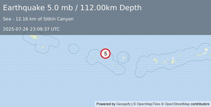 Earthquake RAT ISLANDS, ALEUTIAN ISLANDS (5.3 mb) (2025-07-26 23:09:39 UTC)