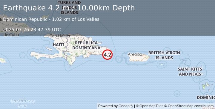 Earthquake DOMINICAN REPUBLIC REGION (4.2 m) (2025-07-26 23:47:35 UTC)