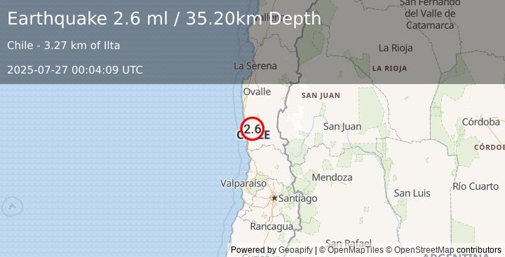 Earthquake COQUIMBO, CHILE (2.6 ml) (2025-07-27 00:04:09 UTC)