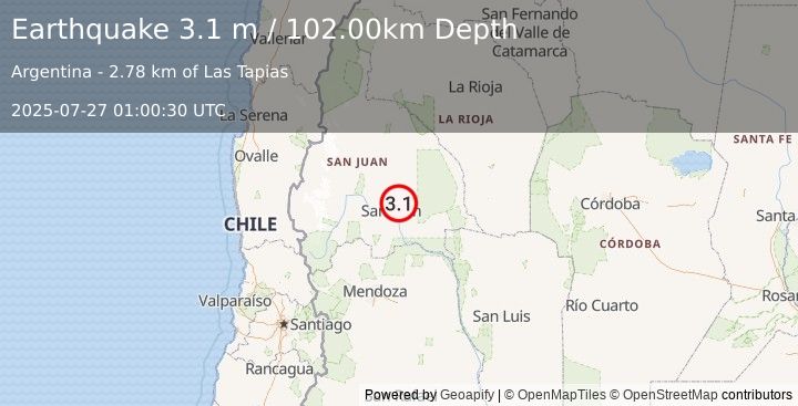 Earthquake SAN JUAN, ARGENTINA (3.1 m) (2025-07-27 01:00:30 UTC)