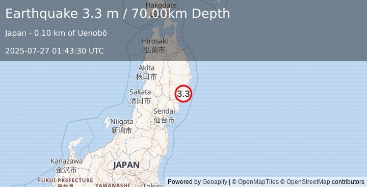 Earthquake EASTERN HONSHU, JAPAN (3.3 m) (2025-07-27 01:43:30 UTC)