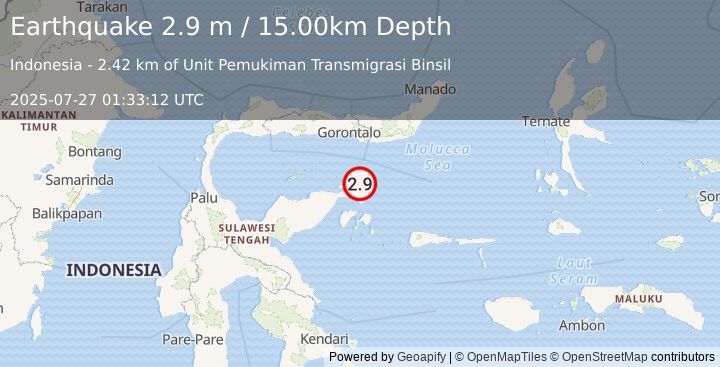 Earthquake SULAWESI, INDONESIA (2.9 m) (2025-07-27 01:33:12 UTC)