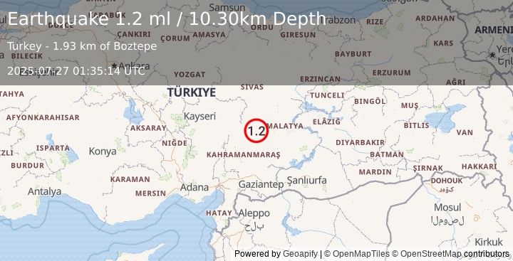 Earthquake CENTRAL TURKEY (1.2 ml) (2025-07-27 01:35:14 UTC)