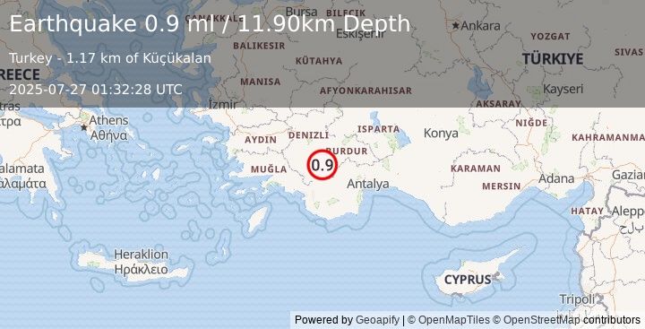 Earthquake WESTERN TURKEY (0.9 ml) (2025-07-27 01:32:28 UTC)