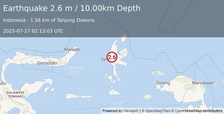 Earthquake HALMAHERA, INDONESIA (2.6 m) (2025-07-27 02:13:03 UTC)