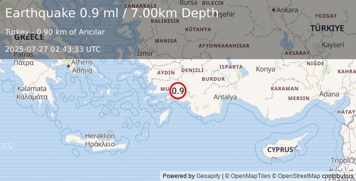 Earthquake WESTERN TURKEY (0.9 ml) (2025-07-27 02:43:33 UTC)