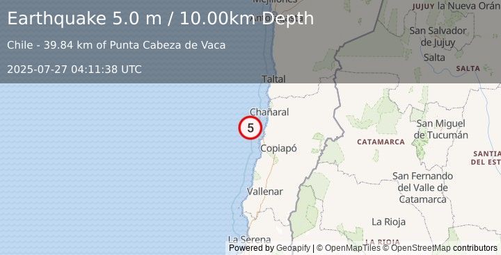Earthquake OFFSHORE ATACAMA, CHILE (4.9 mb) (2025-07-27 04:11:40 UTC)