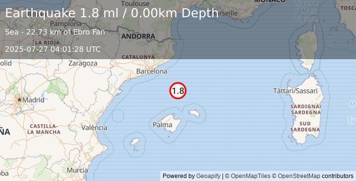 Earthquake BALEARIC ISLANDS, SPAIN (1.8 ml) (2025-07-27 04:01:28 UTC)