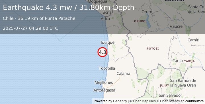 Earthquake OFFSHORE TARAPACA, CHILE (4.3 mw) (2025-07-27 04:29:00 UTC)