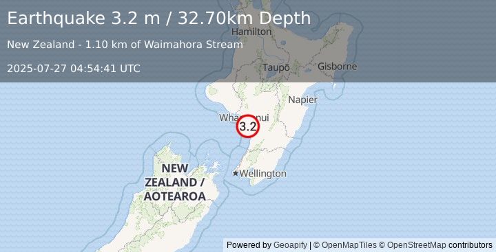Earthquake NORTH ISLAND OF NEW ZEALAND (3.2 m) (2025-07-27 04:54:41 UTC)
