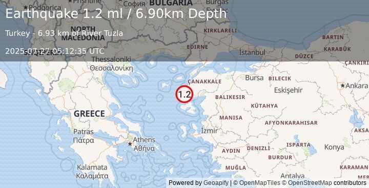 Earthquake NEAR THE COAST OF WESTERN TURKEY (1.2 ml) (2025-07-27 05:12:35 UTC)