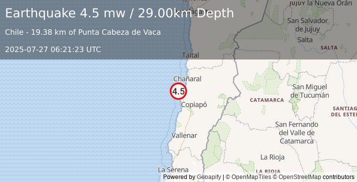 Earthquake OFFSHORE ATACAMA, CHILE (4.5 mw) (2025-07-27 06:21:23 UTC)