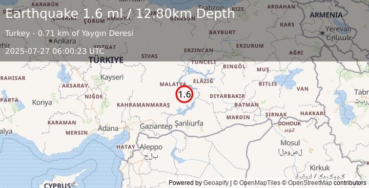 Earthquake EASTERN TURKEY (1.6 ml) (2025-07-27 06:00:23 UTC)